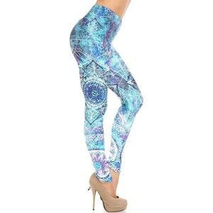 Plus Size Womens‎ Creamy Soft Cyan Mandala Leggings
